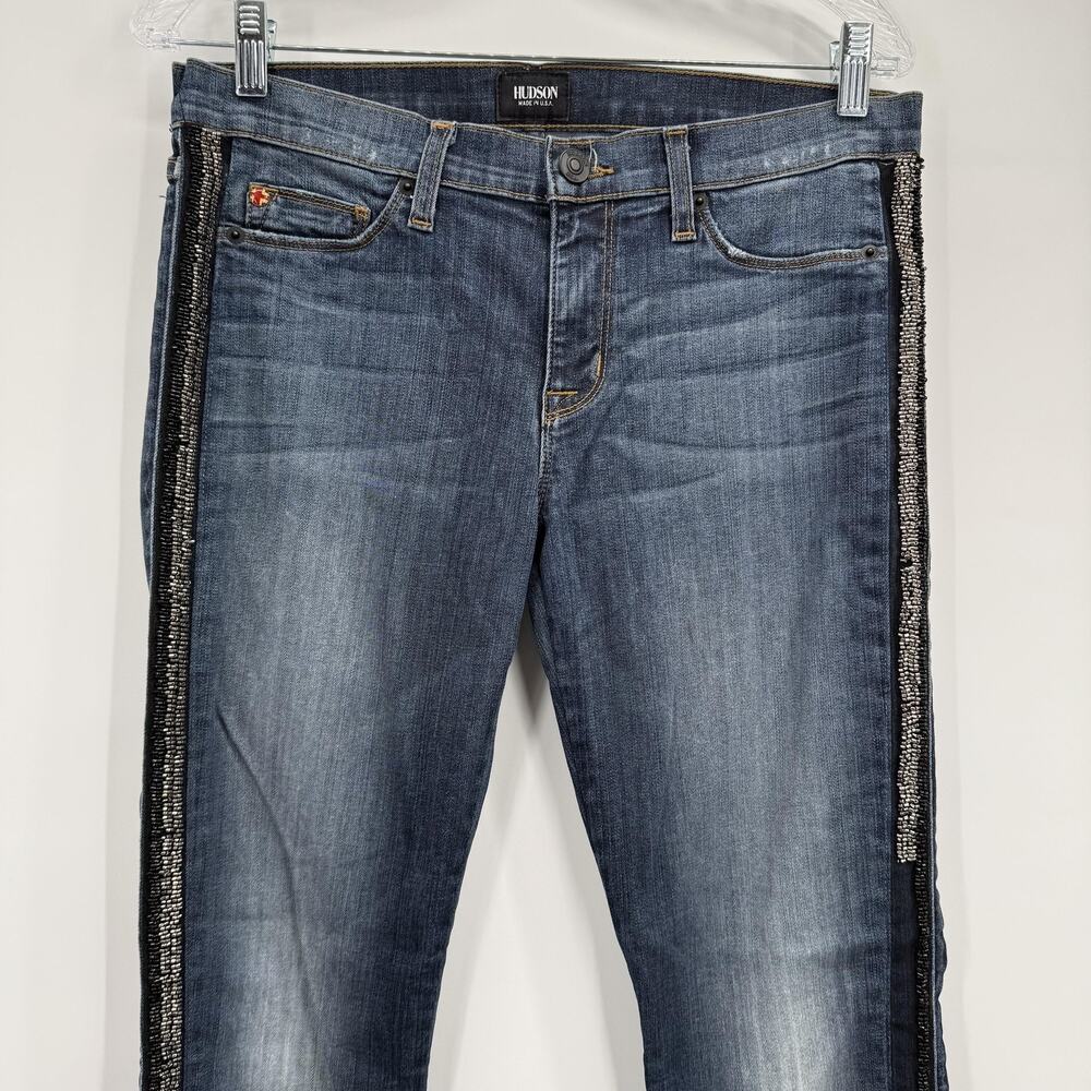Hudson Luna Super Skinny Crop Jeans Womens 29 Blue Glam Embellished Side Stripe - Picture 2 of 14